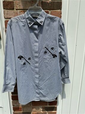 Isaac's Designs Women's S Black/White Stripes Leaf Appliqué Long Sleeve‎ Button